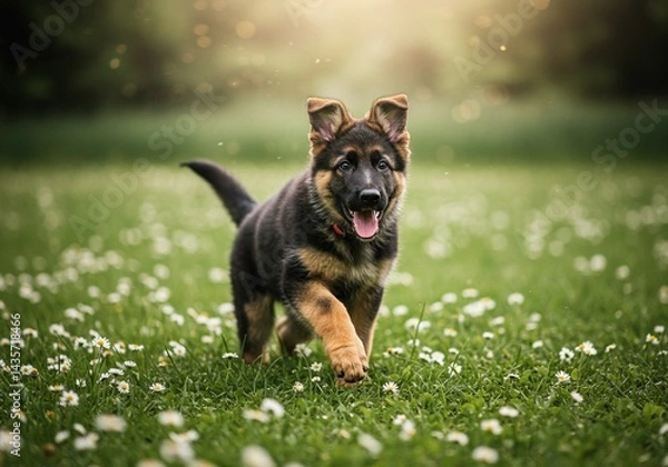 Fototapeta Playful Puppy in Flower Field