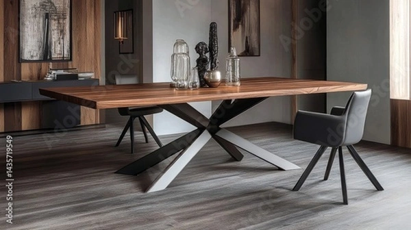 Fototapeta Minimalist dining space showcasing a walnut table with a fine metal base, paired with monochrome dining chair