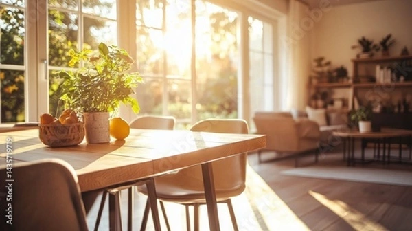 Fototapeta Minimalist oak dining table featuring a clean metal frame, surrounded by neutral chairs in a sunlit dining area