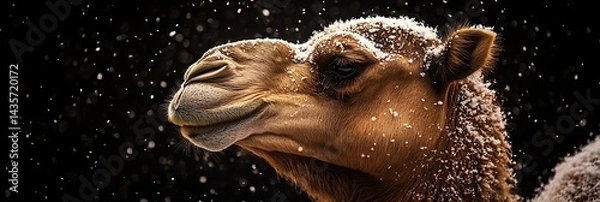 Fototapeta Camel in Snowfall, Close-up, Dark Background, Wildlife Photography