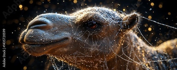 Fototapeta Camel in the desert, water drops, bokeh background, stock photo