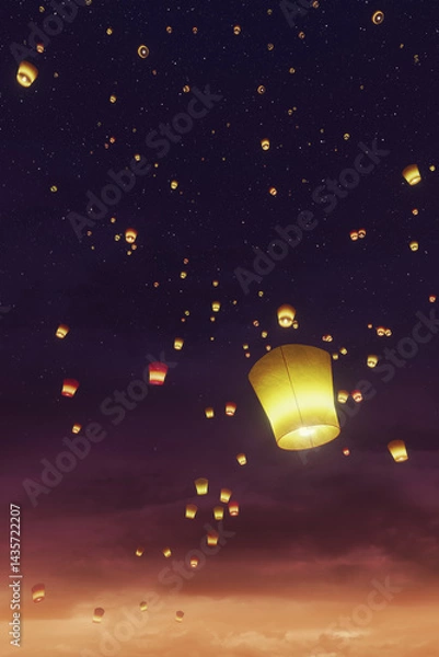 Fototapeta sky lantern at sunset, fantasy 3d illustration