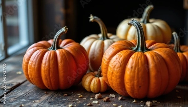Fototapeta Close up photo of seasonal pumpkins resting on wooden table, moody shadows and autumn colors for rustic food styling.