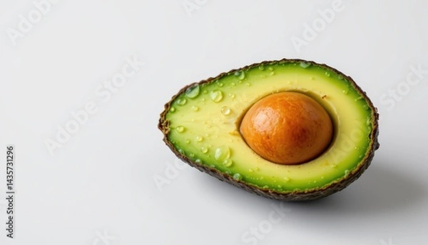 Fototapeta Close up of ripe avocado with sparkling water droplets, resting on clean white background