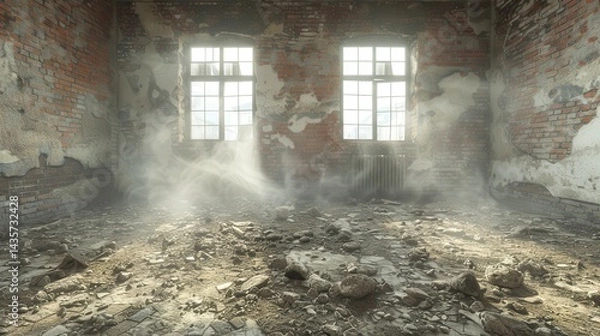 Obraz A derelict brick room filled with rubble and dust, illuminated by light streaming through two arched windows. A scene of decay and abandonment