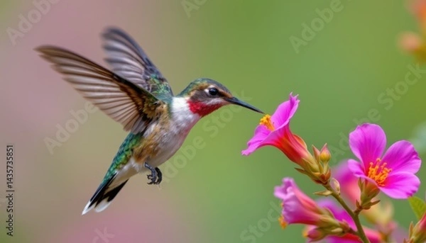 Fototapeta Scaly breasted hummingbird sipping nectar from flower bloom, wings caught mid motion in sharp detail, created with photo.