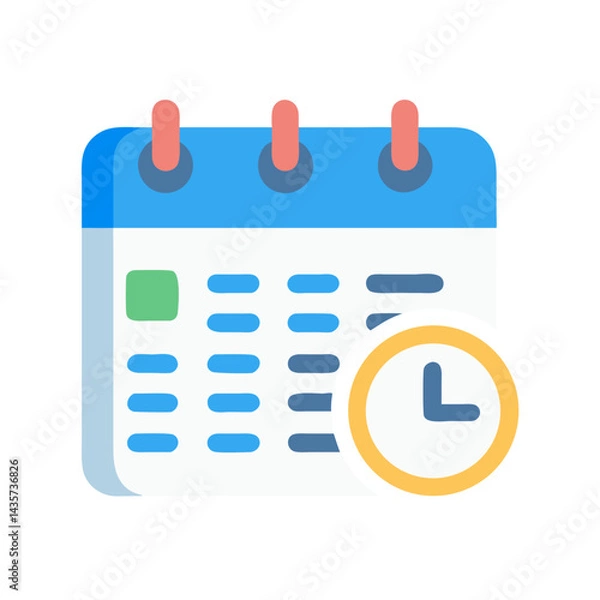 Fototapeta Flat calendar icon with clock symbol on black background
