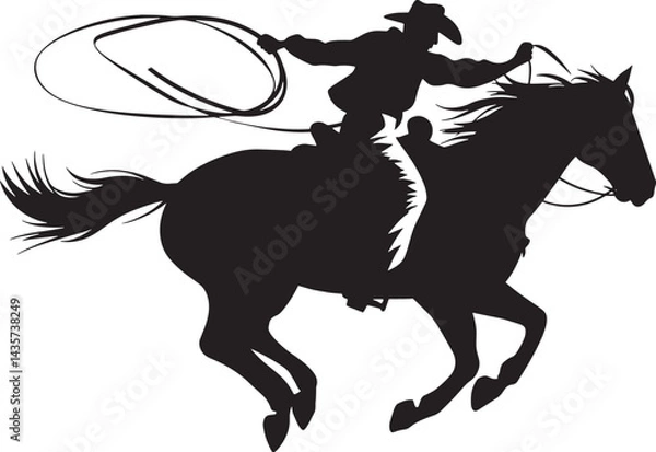 Fototapeta A vector silhouette of a wild west cowboy riding a running galloping horse holding onto reins and lasso