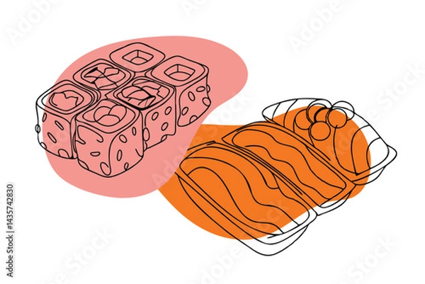 Fototapeta Continuous one line drawing of Sushi and Sashimi, Japanese Food, vector 