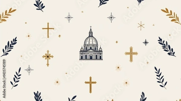 Fototapeta religious icon pattern, contemporary religious-themed seamless design with minimalist line art icons of catholic basilica, papal mitres, and crosses on cream background