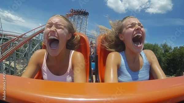 Obraz A group of three young adults enjoying a thrilling ride on a roller coaster.