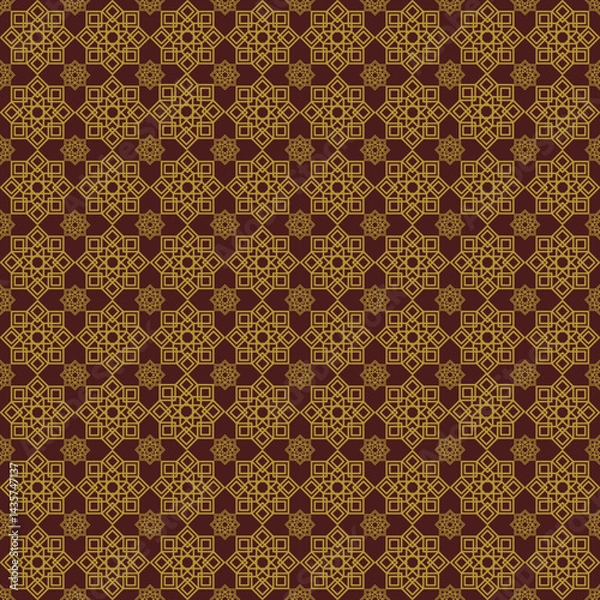 Fototapeta Seamless Islamic geometric pattern vector with traditional Arabic design. Featuring interlocking yellow lines and symmetrical structure. Ideal for backgrounds, wallpapers, textile prints, tiles,