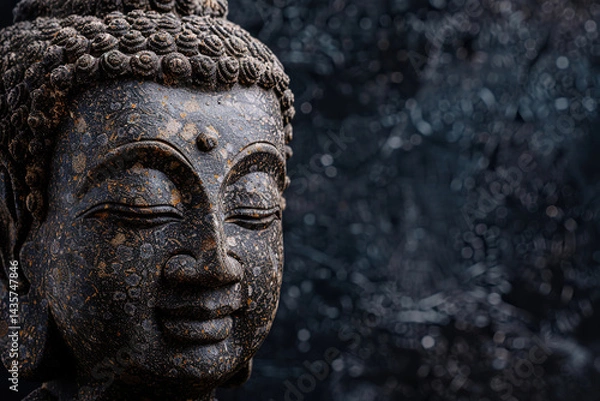 Fototapeta Ancient statue great Buddha on bright holiday composition, abstract vivid composition consists of fictional unreal fantastic vision on background