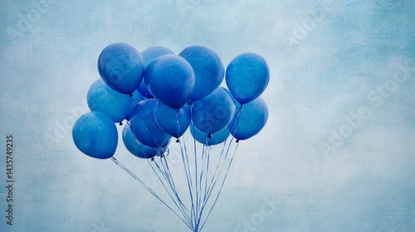 Fototapeta Bunch of blue balloons against a light-blue textured background, suggesting celebration, joy, and lightnessFree space for text or design
