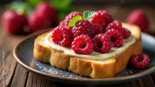 Fototapeta Fresh raspberries atop creamy spread on crusty toast set on a wooden plate, highlighting a vibrant and appetizing presentation