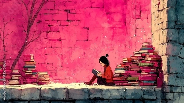 Fototapeta Cozy Library Nook, anime-style illustration of a girl nestled in a window seat surrounded by books, warm ambient lighting, elegant linework, soft evening shadows, inviting atmosphere