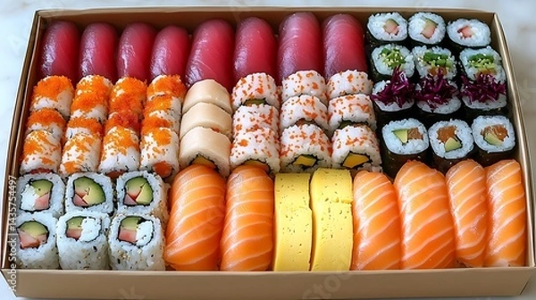 Fototapeta Assorted sushi and sashimi platter in a box