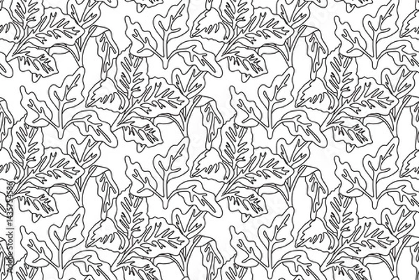 Obraz Line art floral seamless pattern with leaves vector illustration. Hand drawn outline repeating foliage in white background. Graphic design for Cover Coloring Book Textile Fashion Print Birthday Card