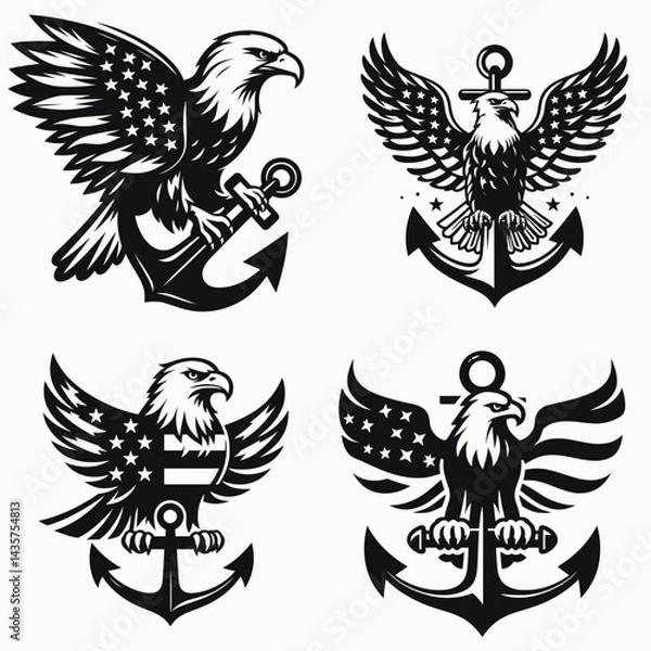 Fototapeta  Bald eagle with American flag print on wings perched a simple anchor shape. 4th of july Independence Day patriotic Clipart.