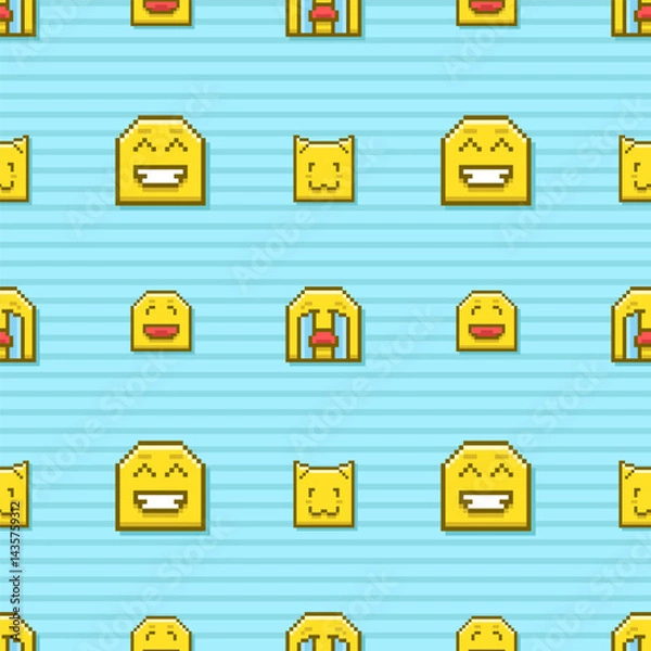 Obraz Seamless pattern of different emoji in pixel style on a blue background