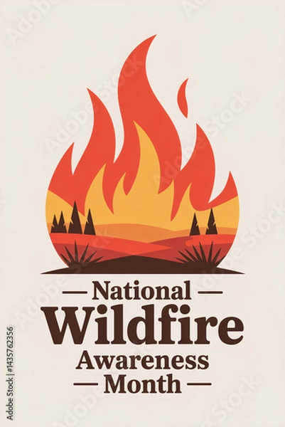Obraz Stylized Wildfire Awareness Month Illustration With Vibrant Flames And Nature Motif For Community Protection Campaigns.