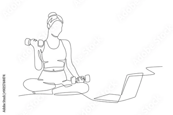 Fototapeta Woman watching how to lift dumbbells from online class on laptop. Online fitness classes concept one-line drawing