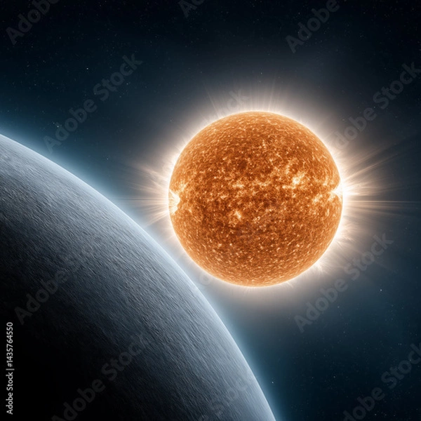 Fototapeta Powerful solar flare illuminates the surface of the Sun with planet Earth in the background. Concept of solar activity, energy, space and impact on the climate.
