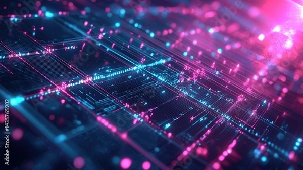 Fototapeta Vertical Neon Data Streams over Quantum Circuit Grid