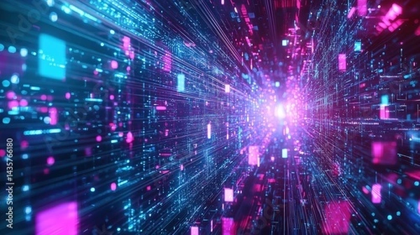 Fototapeta Vertical Neon Data Streams over Quantum Circuit Grid