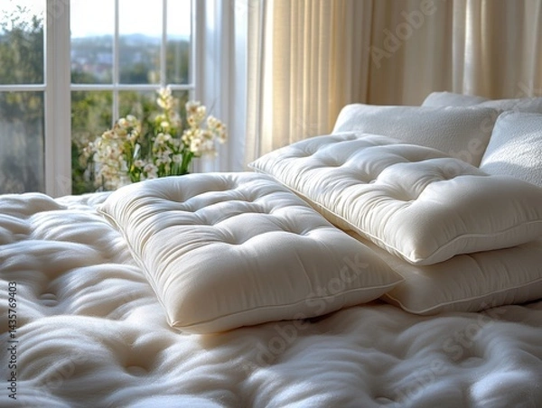 Fototapeta Cozy bedroom scene with plush white pillows on a soft quilted bedspread, sunlight streaming through sheer curtains