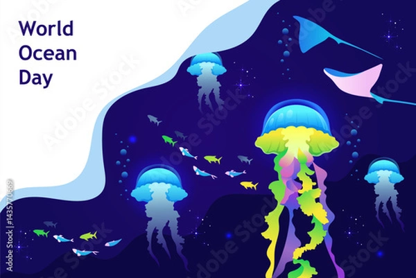 Fototapeta World Oceans Day. Jellyfish. Underwater world. Template for presentation, banner, poster. EPS 10