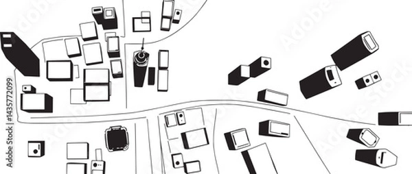 Obraz City landscape. Line urban backdrop, different buildings on street, doodle street draw, outline cityscape hand sketch, flat houses. Hand drawn vector illustration
