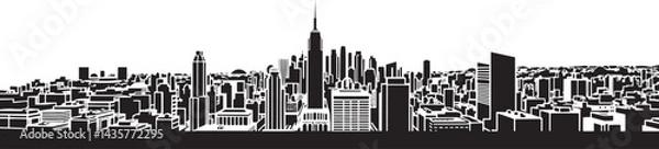 Obraz City landscape. Line urban backdrop, different buildings on street, doodle street draw, outline cityscape hand sketch, flat houses. Hand drawn vector illustration