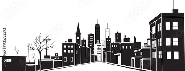 Obraz City landscape. Line urban backdrop, different buildings on street, doodle street draw, outline cityscape hand sketch, flat houses. Hand drawn vector illustration