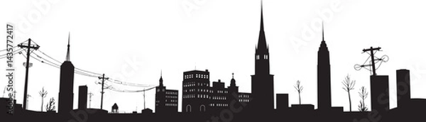 Obraz City landscape. Line urban backdrop, different buildings on street, doodle street draw, outline cityscape hand sketch, flat houses. Hand drawn vector illustration