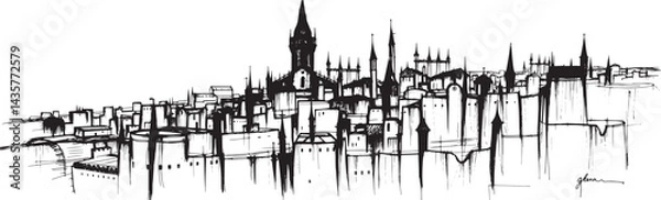Obraz City landscape. Line urban backdrop, different buildings on street, doodle street draw, outline cityscape hand sketch, flat houses. Hand drawn vector illustration