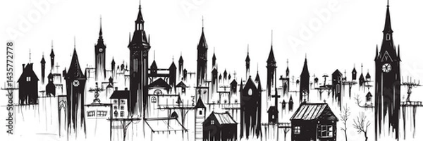 Obraz City landscape. Line urban backdrop, different buildings on street, doodle street draw, outline cityscape hand sketch, flat houses. Hand drawn vector illustration