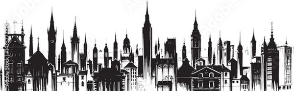 Obraz City landscape. Line urban backdrop, different buildings on street, doodle street draw, outline cityscape hand sketch, flat houses. Hand drawn vector illustration