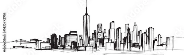 Obraz City landscape. Line urban backdrop, different buildings on street, doodle street draw, outline cityscape hand sketch, flat houses. Hand drawn vector illustration