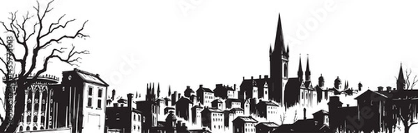 Obraz City landscape. Line urban backdrop, different buildings on street, doodle street draw, outline cityscape hand sketch, flat houses. Hand drawn vector illustration
