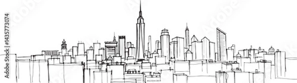 Obraz City landscape. Line urban backdrop, different buildings on street, doodle street draw, outline cityscape hand sketch, flat houses. Hand drawn vector illustration