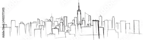 Obraz City landscape. Line urban backdrop, different buildings on street, doodle street draw, outline cityscape hand sketch, flat houses. Hand drawn vector illustration