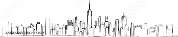 Obraz City landscape. Line urban backdrop, different buildings on street, doodle street draw, outline cityscape hand sketch, flat houses. Hand drawn vector illustration