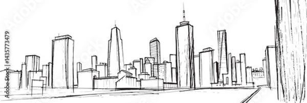 Obraz City landscape. Line urban backdrop, different buildings on street, doodle street draw, outline cityscape hand sketch, flat houses. Hand drawn vector illustration