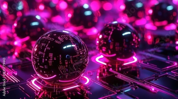 Fototapeta Cyber Neon Data Spheres on Reflective Matrix