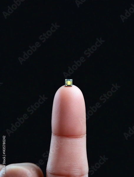 Fototapeta Microchip on a Human Finger with Fingerprint Details Against a Dark Contrasting Background