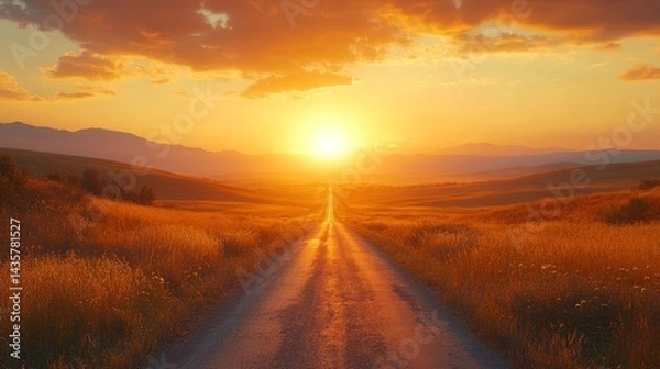 Fototapeta Aerial view of endless highway stretching into horizon under golden sunset, symbolizing boundless opportunities and journey to success. Road trip, travel adventure and freedom concept.