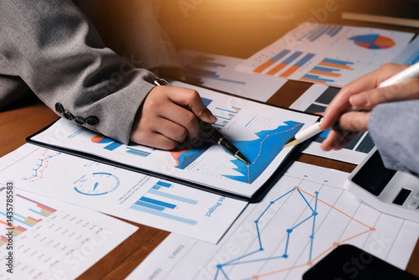 Fototapeta Group of confident business people point to graphs and charts to analyze market data, balance sheet, account, net profit to plan new sales strategies to increase production capacity.