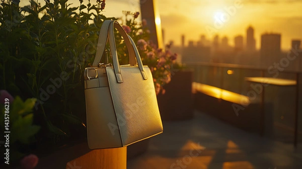 Obraz Sophisticated shoulder bag captured on a city rooftop garden with panoramic skyline views and golden hour lighting 