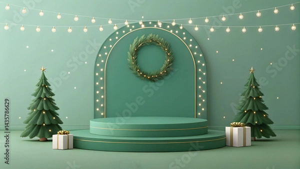Obraz Minimalist Christmas Scene with Teal Background, Cylindrical Pedestal, and Festive Decor

